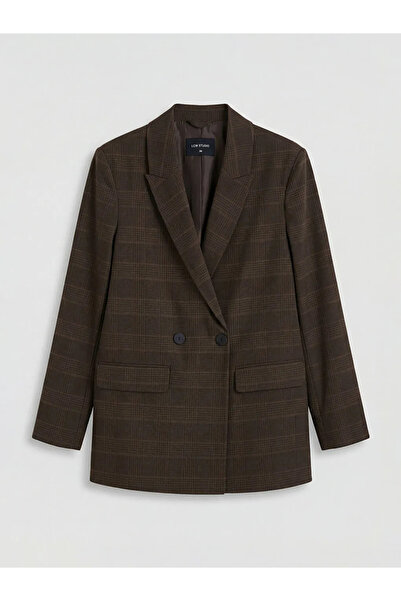 LC Waikiki Καφέ καρό γυναικείο μπλέιζερ με διπλό γιακά