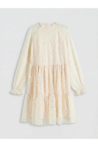 LC Waikiki Λευκό φόρεμα δαντέλας για κορίτσια με βολάν στο γιακά