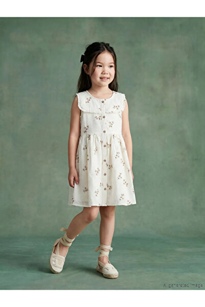 LC Waikiki Φόρεμα για κορίτσι με λουλουδάτο τετράγωνο γιακά εκρού