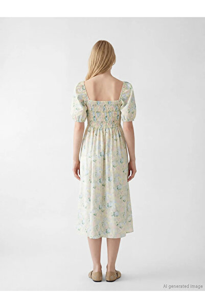 LC Waikiki Πράσινο φόρεμα ποπλίνα με τετράγωνο γιακά και λουλουδάτα μανίκια μ...