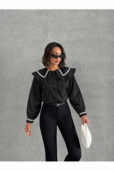 Lusin Γυναικείο μαύρο κομψό πουκάμισο με λεπτομέρεια στο γιακά και μακριά μαν...