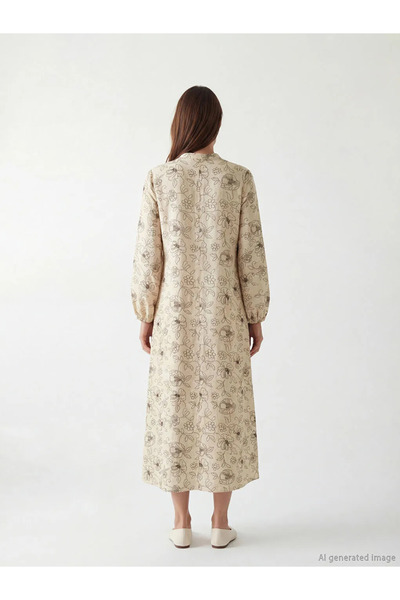 LC Waikiki Μπεζ φόρεμα σε γραμμή Α με λουλουδάτο γιακά