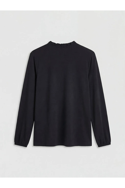 LC Waikiki Μαύρη μπλούζα με βολάν Με δέσιμο και πέτρες στο λαιμό