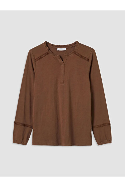 LC Waikiki Καφέ μπλούζα με κέντημα στο γιακά