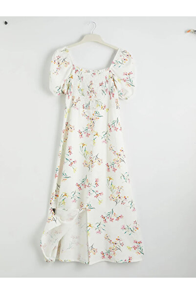 LC Waikiki Ροζ φλοράλ φόρεμα με κορδόνι περίσφιξης από λινό μείγμα