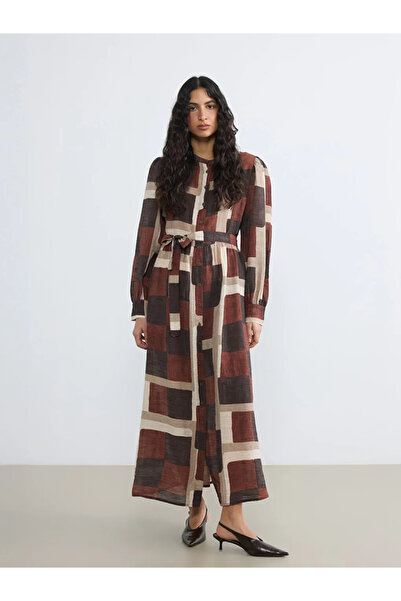 LC Waikiki Καφέ φόρεμα πουκάμισο με μοτίβο στο γιακά και εφαρμογή στη μέση