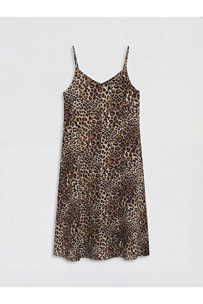 LC Waikiki Καφέ φόρεμα σε γραμμή Α με λουράκια και σχέδιο λεοπάρ