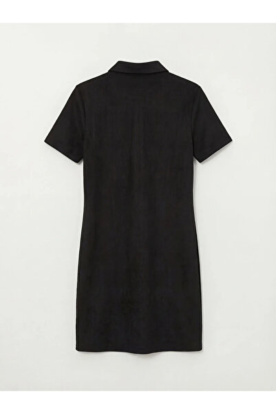 LC Waikiki Μαύρο μίνι φόρεμα με λαιμόκοψη πόλο και εμφάνιση σουέτ