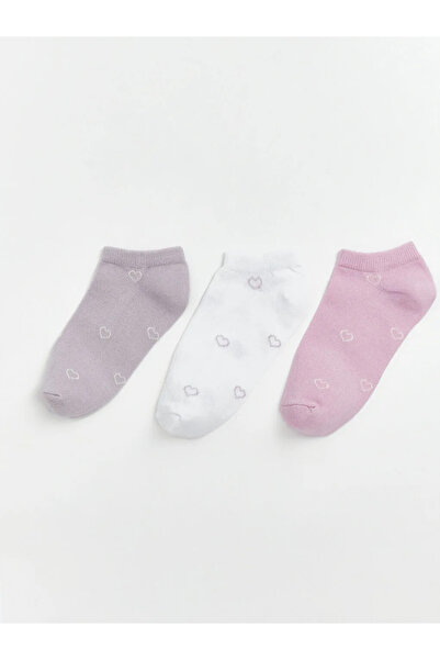 LC Waikiki Γυναικείες κάλτσες μποτάκια με σχέδιο λιλά καρδιάς, σετ 3 τεμαχίων