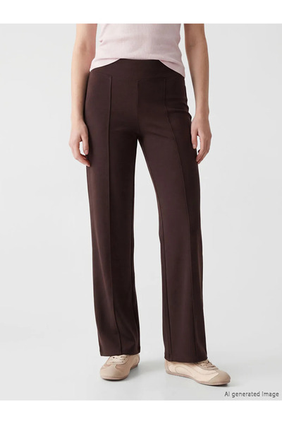 LC Waikiki Καφέ ψηλόμεσο γυναικείο παντελόνι φόρμας με φαρδιά μπατζάκια