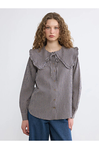 LC Waikiki Μπλούζα με βολάν σε μπλε ναυτικό χρώμα και καρό σχέδιο