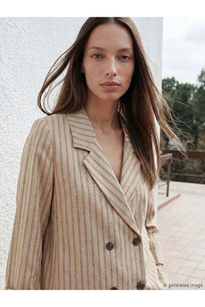 LC Waikiki Καφέ διπλόπετο γυναικείο μπλέιζερ με ριγέ γιακά