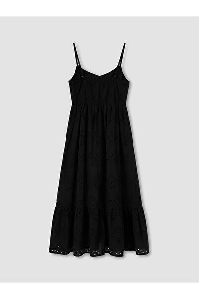 LC Waikiki Μαύρο φόρεμα με κορδόνια και κέντημα στη μέση