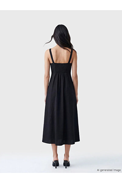 LC Waikiki Μαύρο φόρεμα ποπλίνας με τετράγωνο γιακά και ζώνη στη μέση