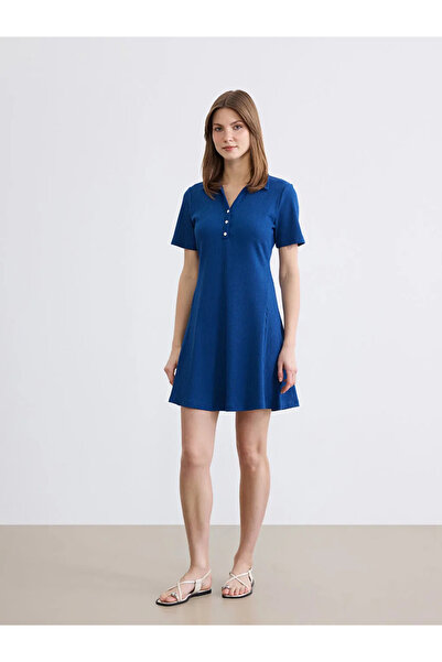 LC Waikiki Μπλε ναυτικό μίνι φόρεμα με γιακά πόλο και κορδόνια στο πίσω μέρος