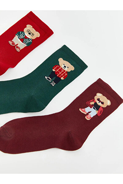 LC Waikiki Γυναικείες κάλτσες με σχέδιο κόκκινης αρκούδας, σετ 3 τεμαχίων