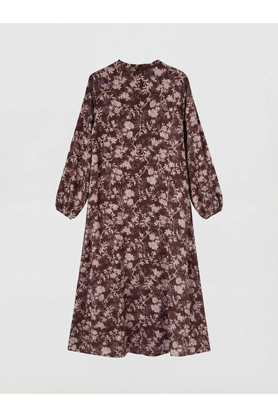 LC Waikiki Καφέ φλοράλ φόρεμα σε γραμμή Α με λαιμόκοψη ποδηλάτου