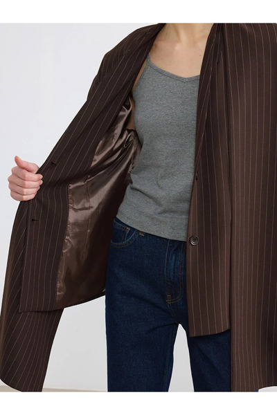 LC Waikiki Καφέ Γυναικείο Μπουφάν με Ριγέ Γιακά Σάλι