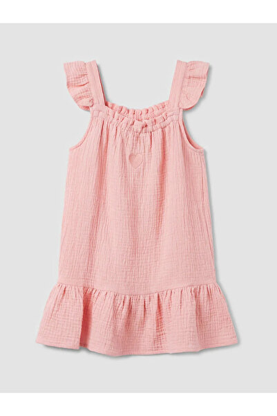LC Waikiki Ροζ φόρεμα μουσελίνας για κορίτσια με τετράγωνο γιακά και κέντημα