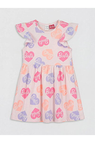 LC Waikiki Εκρού φόρεμα από χτενισμένο βαμβάκι για κορίτσια με στάμπα Barbie ...