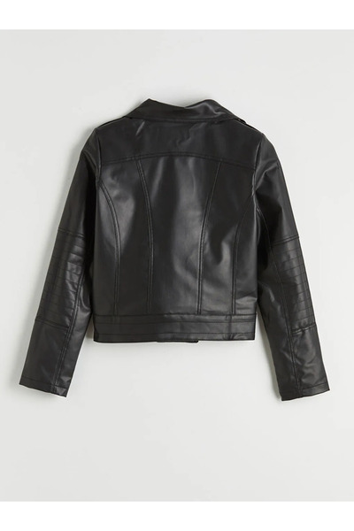 LC Waikiki Μαύρο γυναικείο δερμάτινο μπουφάν με διπλό γιακά