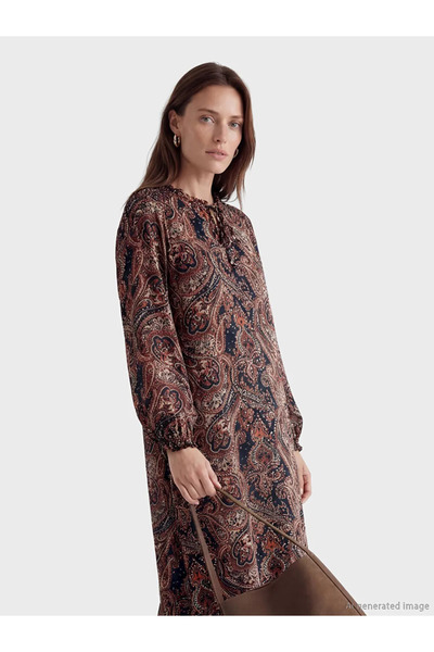 LC Waikiki Φόρεμα με μοτίβο σε μπλε ναυτικό χρώμα και δετό γιακά