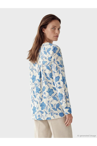 LC Waikiki Εκρού Φλοράλ Μπλούζα με Ανοιχτό Γιακά