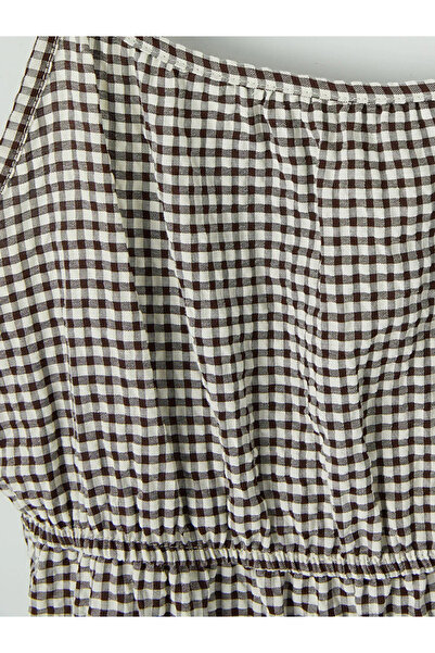 LC Waikiki Καφέ καρό φόρεμα με τετράγωνο γιακά και λουράκια