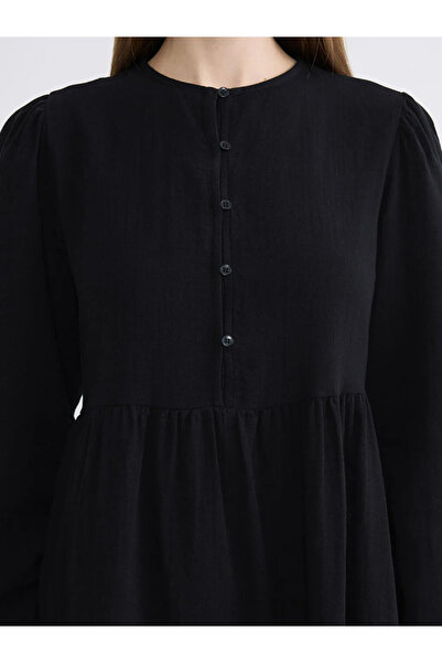 LC Waikiki Μαύρο μακρύ φόρεμα μουσελίνας με κορδόνι