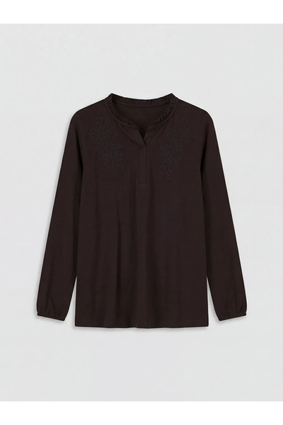 LC Waikiki Καφέ μπλούζα με κέντημα στο γιακά