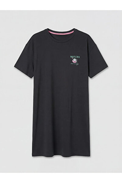 LC Waikiki Γυναικείο νυχτικό με στάμπα Anthracite Crew Neck