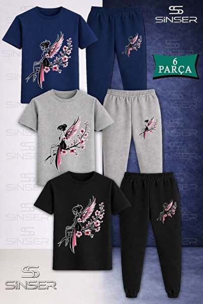 SS SİNSER Children's Girls Cicek Butterfly 3-Piece T-Shirt and Sweatpants Set