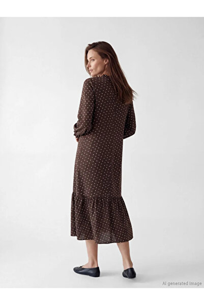 LC Waikiki Καφέ φόρεμα σε γραμμή Α με πουά και ρεβέρ