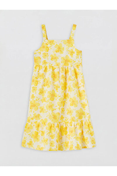 LC Waikiki Κίτρινο τετράγωνο γιακά με λουλούδια κοριτσίστικο φόρεμα από ποπλίνα