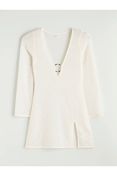 LC Waikiki Εκρού γυναικείο φόρεμα παραλίας με λεπτομέρεια δαχτυλιδιού σε σχήμα V