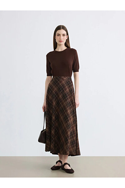LC Waikiki Καφέ καρό φούστα με φερμουάρ στη μέση