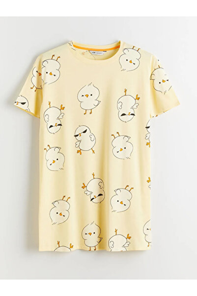 LC Waikiki Κίτρινο γυναικείο νυχτικό με στάμπα κοτοβουνιού και λαιμόκοψη ποδη...