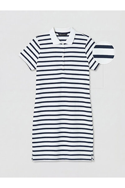 LC Waikiki Μπλε ναυτικό μίνι φόρεμα πικέ με ριγέ λαιμόκοψη πόλο