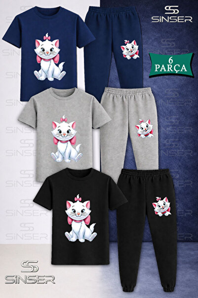 SS SİNSER Children's Cat Sitting with Ribbons 3-Piece T-Shirt Tracksuit Set