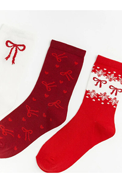 LC Waikiki Γυναικείες κάλτσες με σχέδιο φιόγκου εκρού, σετ 3 τεμαχίων