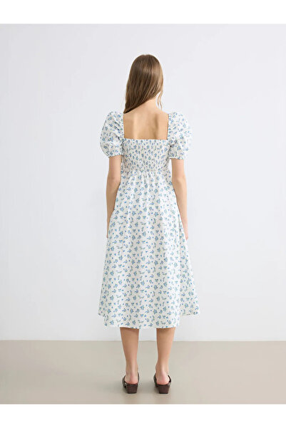 LC Waikiki Μπλε φλοράλ φόρεμα με μανίκια μπαλόνι και εφαρμογή στη μέση