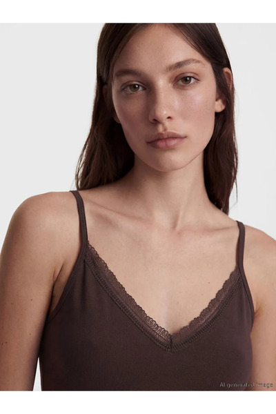 LC Waikiki Καφέ γυναικείο εσώρουχο με λαιμόκοψη V, δαντέλα και λεπτομερή λουρ...