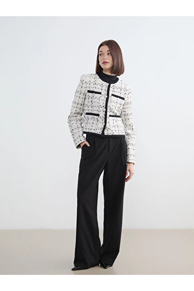 LC Waikiki Εκρού καρό γυναικείο τουίντ μπουφάν με λαιμόκοψη ποδηλάτου