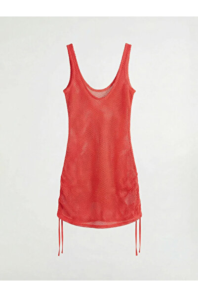 LC Waikiki Κόκκινο γυναικείο πλεκτό φόρεμα παραλίας με λαιμόκοψη U