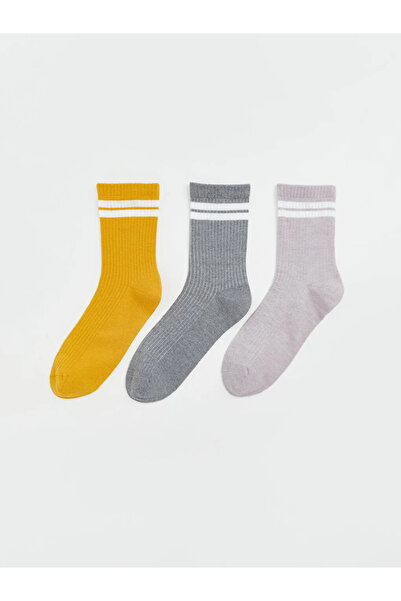 LC Waikiki Κίτρινες ριγέ γυναικείες κάλτσες 3 τεμαχίων