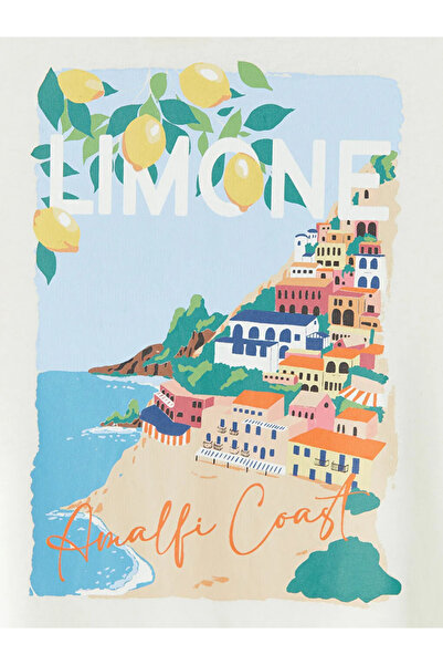 LC Waikiki Γυναικείο νυχτικό με στάμπα σε χρώμα εκρού και λαιμόκοψη ποδηλάτου