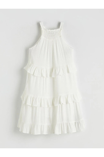 LC Waikiki Λευκό φόρεμα για κορίτσια με βολάν και λαιμόκοψη halter