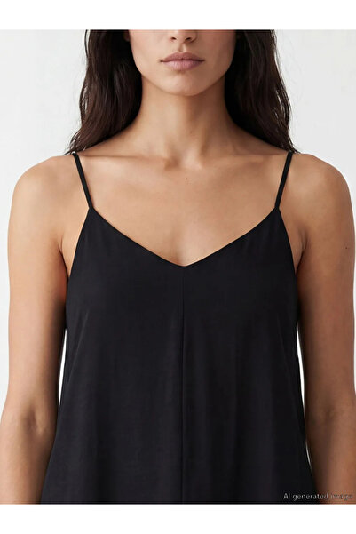 LC Waikiki Μαύρο φόρεμα σε γραμμή Α με λεπτές τιράντες και λαιμόκοψη V