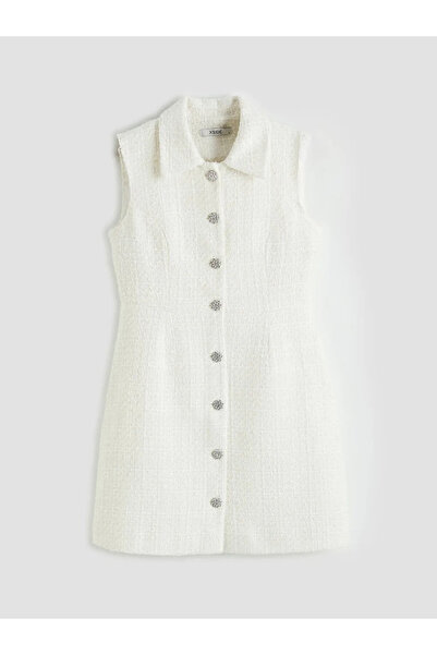 LC Waikiki Λευκό Μίνι Φόρεμα-Πουκάμισο από Τουίντ