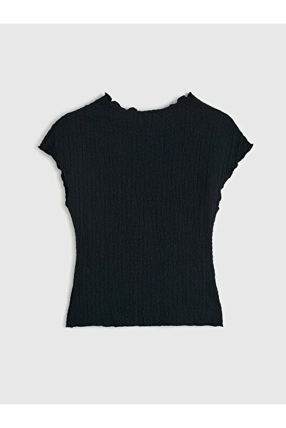 LC Waikiki Μαύρη μπλούζα με βολάν και υφή ποδηλατικού λαιμού